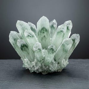 May include: A cluster of translucent, pale green quartz crystals featuring distinct dark green phantom inclusions within each point. The mineral formation radiates outward from a central base, showcasing sharp, jagged edges and a frosted texture.