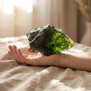 Oversized green rough stone held in one hand against daylight, showing its large scale, sharp fractured edges, and emerald transparency for green obsidian rough stone buyers.