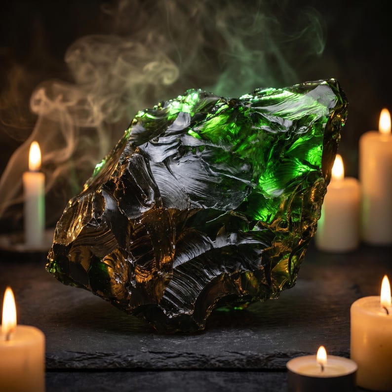 Glowing green raw crystal glass chunk displayed beside soft candles and natural fabric, presented as a green obsidian energy healing raw chunk for meditation spaces.