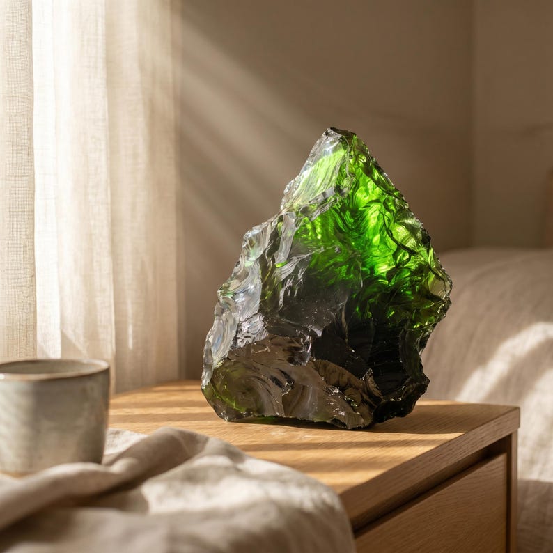Emerald green rough crystal glass chunk placed on a neutral home shelf, adding a bold glowing accent as green obsidian home decor crystal for modern interiors.