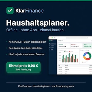 Könnte beinhalten: Digitales Finanzplanungstool mit dem Namen "KlarFinance" in weißer Schrift auf dunkelblauem Hintergrund. Das Bild zeigt eine Dashboard-Oberfläche mit Finanzdaten, dem Text "Haushaltsplaner" und weiteren Details.