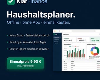 Haushaltsbuch digital, Browser App für Familienfinanzen, Monats Budget Planer, Offline & ohne Abo, datenschutzfreundlich, Light / Dark Mode