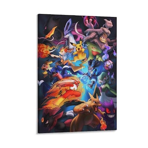 Può includere: Una stampa artistica da parete rettangolare che presenta una vibrante illustrazione digitale di vari personaggi Pokémon colorati in pose dinamiche. La composizione include Pikachu, Lucario, Charizard e altri su uno sfondo scuro.