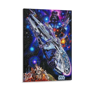 May include: A Star Wars poster featuring the Millennium Falcon flying through space with Darth Vader in the background. The scene includes various characters like Chewbacca, R2-D2, and C-3PO at the bottom, set against a vibrant purple and blue galaxy.