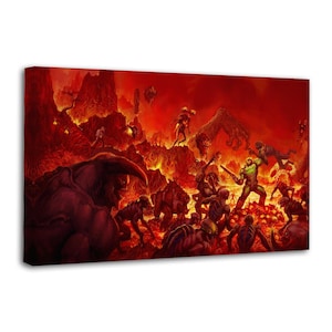 May include: A rectangular canvas print depicting a chaotic scene in a fiery, red-toned hellscape. A central armored figure in green combat gear battles numerous dark, monstrous creatures amidst jagged rock formations and glowing lava flows.