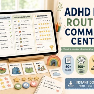 Könnte beinhalten: Ein digitales Tablet zeigt ein ADHS-Kinder-Routine-Kontrollzentrum mit Morgenroutinen, Tagesplänen und Belohnungstabellen. Dazu gehören gedruckte Aufgabenkarten, Sternaufkleber, ein Regenbogen-Dekoelement und ein Notizbuch mit positiven Affirmationen.