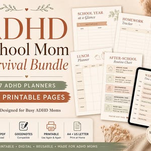 Könnte beinhalten: Ein ADHD School Mom Survival Bundle mit 7 druckbaren Planern und 62 Seiten. Enthält einen Schuljahresplaner, Hausaufgaben-Tracker, Mittagessen-Planer, Nachmittags-Routine-Diagramm und wöchentliche Zeitblöcke auf einem Tablet.