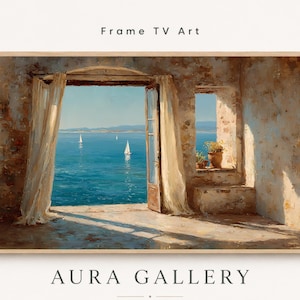 May include: A digital Frame TV art display featuring a painting of an open stone doorway looking out onto a bright blue sea with sailboats. The scene includes light-colored curtains, a terracotta pot on a ledge, and the text Frame TV Art.