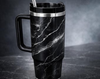 Black Marble Tumbler 40oz, Luxury Marble Print Travel Mug, Gold Marble Cup, Black & Gold Tumbler Gift, Modern Coffee Tumbler