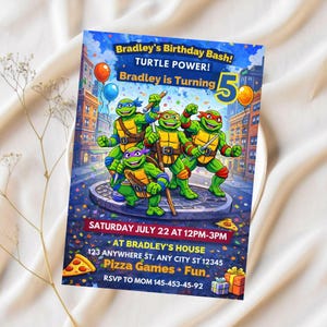 May include: A colorful birthday party invitation featuring the Teenage Mutant Ninja Turtles. The invitation includes the text "Bradley's Birthday Bash! Turtle Power! Bradley is Turning 5." Details include date, time, location, and RSVP information.