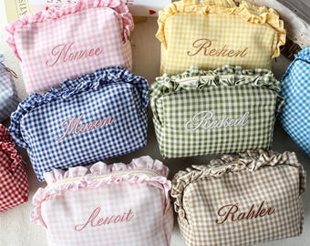 Personalized Custom Name Embroidered Gingham Makeup Bag: Korean Ruffle Trim Cotton Bridal & Daily Cosmetic Pouch