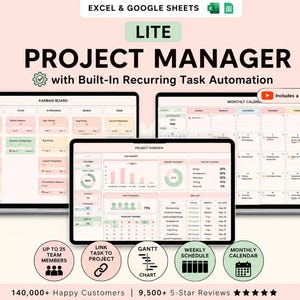 Puede incluir: Una herramienta de gestión de proyectos digital para Excel y Google Sheets titulada LITE PROJECT MANAGER with Built-In Recurring Task Automation. La pantalla muestra un tablero Kanban, un calendario mensual y un panel de control.