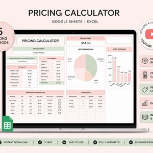 May include: A digital pricing calculator spreadsheet for Google Sheets and Excel displayed on a laptop screen. The interface features sections for key inputs, raw materials inventory, labor costs, a price breakdown pie chart, and a cost overview bar graph.
