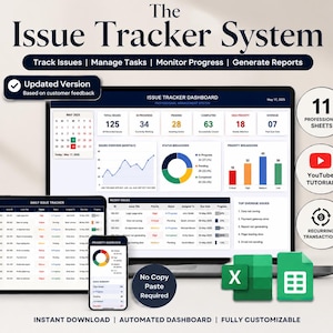 Könnte beinhalten: Das Issue Tracker System Dashboard zeigt Daten auf einem Computerbildschirm, Tablet und Smartphone. Die Benutzeroberfläche enthält Diagramme, Kalender und Aufgabenlisten. Symbole für Excel und Google Sheets sind vorhanden, neben Textbeschriftungen für 11 professionelle Tabellen, ein YouTube-Tutorial und wiederkehrende Transaktionen.