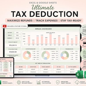 Puede incluir: Un rastreador digital de deducciones fiscales para Excel y Google Sheets mostrado en una pantalla de portátil y tableta. La interfaz presenta un panel anual con gráficos de barras, gráficos circulares y tablas para el seguimiento de ingresos.