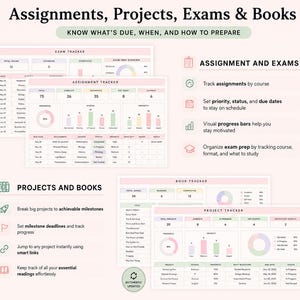 以下が含まれることがあります： 課題、プロジェクト、試験、書籍を管理するためのデジタルプランナーテンプレート。進捗バー、グラフ、表を備えたトラッカーが含まれており、学業のタスク、期限、読書リストをパステルカラーの配色で整理するためのツールです。