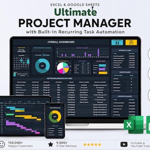 May include: A digital project management dashboard for Excel and Google Sheets titled Ultimate Project Manager with Built-In Recurring Task Automation. It displays charts, task lists, and team workload data across a laptop, tablet, and smartphone screen.