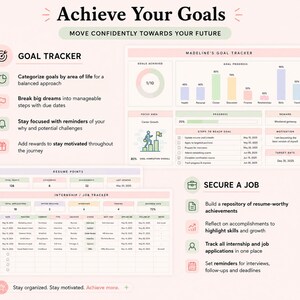 以下が含まれることがあります： Achieve Your Goals、Goal Tracker、Secure A Jobというセクションを備えた、目標管理および求職活動用のデジタルテンプレート。進捗グラフ、チェックリスト、キャリアのマイルストーンやインターンシップの応募状況を追跡するための表が含まれています。