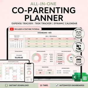 May include: An all-in-one co-parenting planner digital template displayed on a laptop, tablet, and smartphone. The interface features a dashboard with a daily schedule, expense tracker, task tracker, and dynamic calendar in soft pink and green tones.