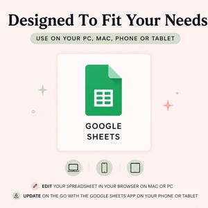 以下が含まれることがあります： Google Sheetsのロゴと、Designed To Fit Your Needs、USE ON YOUR PC, MAC, PHONE OR TABLET、EDIT YOUR SPREADSHEET IN YOUR BROWSER ON MAC OR PC、UPDATE ON THE GO WITH THE GOOGLE SHEETS APP ON YOUR PHONE OR TABLETというテキストが記載された画像。