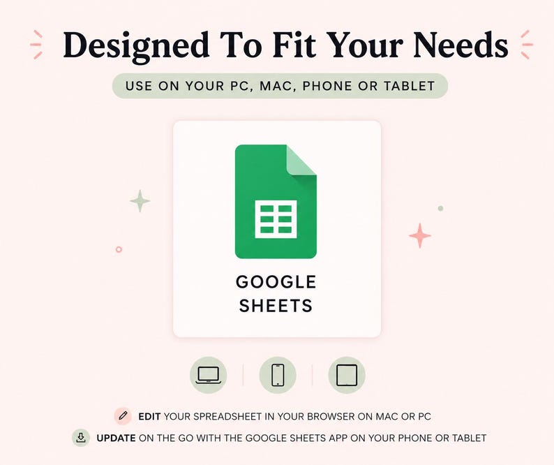以下が含まれることがあります： Google Sheetsのロゴと、Designed To Fit Your Needs、USE ON YOUR PC, MAC, PHONE OR TABLET、EDIT YOUR SPREADSHEET IN YOUR BROWSER ON MAC OR PC、UPDATE ON THE GO WITH THE GOOGLE SHEETS APP ON YOUR PHONE OR TABLETというテキストが記載された画像。
