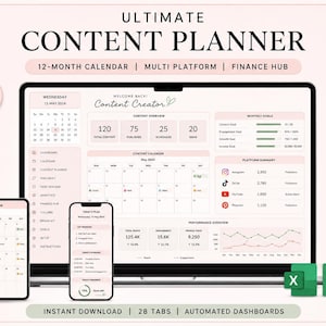 Puede incluir: Un planificador de contenido digital mostrado en una computadora portátil, tableta y teléfono inteligente. La interfaz presenta un calendario de 12 meses, resumen de contenido, metas mensuales, resumen de plataforma y análisis de rendimiento.