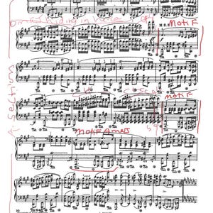 May include: Sheet music for Chopin's Polonaise, Op. 44, with handwritten annotations. The title "Polonaise" is at the top, with musical notation and tempo markings. The text "Motif" and "Section" are written on the sheet music.