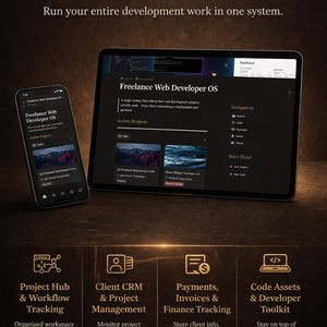 Peut inclure: Maquette numérique d'un système d'exploitation pour développeur web freelance sur tablette et smartphone. L'interface affiche des outils de gestion de projet, dont le suivi de projet, la CRM client, le suivi des paiements et une boîte à outils pour développeurs. Le texte indique "Freelance Web Developer OS."