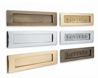 Front Door Mail Slot Flap-Plain & Embossed LETTERS Styles in 3 Finishes Available in three finishes polished brass and chrome, antique brass