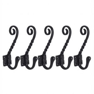 May include: A set of five black metal wall hooks, each featuring a twisted vertical shaft, a curved top scroll, and a lower hook with a rounded tip. Each hook includes a rectangular mounting plate with two pre-drilled holes for secure installation.
