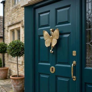 Puede incluir: Una puerta de entrada de color verde azulado oscuro con un llamador de puerta dorado en forma de mariposa, un tirador dorado a juego y una placa protectora dorada. El texto ELEGANT BUTTERFLY DOOR KNOCKER aparece arriba a la derecha.