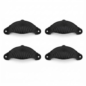 Matte Black Fluted Cup Drawer Pull, Vintage Ribbed Bin Pull, Cast Iron Shell Cabinet Handle, Rustic Farmhouse Kitchen Hardware(set of 3)