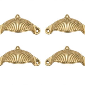 Polished Brass Fluted Cup Drawer Pulls - Set of 3 | 4"x2" Ribbed Gold Shell Bin Handles for Kitchen Cabinets, Dressers, & Furniture Hardware