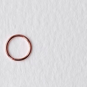May include: A small, rose gold hoop earring. The hoop is thin and has a smooth finish.