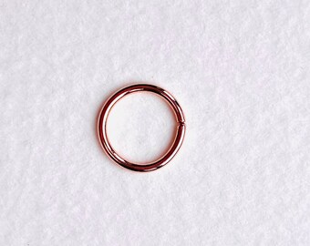 May include: A rose gold seamless hoop earring. The hoop is smooth and shiny.