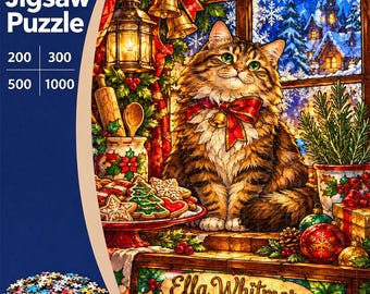 Personalized Christmas Cat Jigsaw Puzzle, Stained Glass Style Cozy Kitchen and Cookies, Family Activity, Gift for Cat Lovers