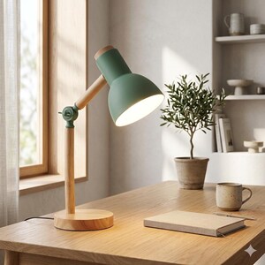 Peut inclure: Une lampe de bureau dotée d'un abat-jour en dôme en métal vert sauge et d'une base, d'un bras et d'un col en bois clair. La lampe possède un mécanisme de charnière réglable vert reliant le bras à l'abat-jour et émet une lumière chaude.
