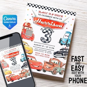 May include: A birthday invitation template featuring a race car theme with illustrations of various cartoon vehicles, a checkered flag border, and the text: Race on over to celebrate with us, Harrison is turning 3, August 21 at 12 PM.