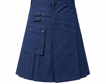 Men's Utility Kilt Blue, Scottish Cargo Kilt, Tactical Kilt with Pockets, Highland Work Kilt, Casual Pleated Kilt, Gift for Him