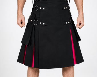 Men’s Black Utility Kilt with Pink Pleats, Gothic Punk Scottish Apparel, Adjustable Festival Highland Kilt, Alternative Gift for Him