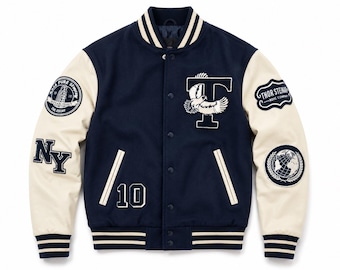 Jaqueta Varsity Masculina de Lã Azul Marinho – Estilo Clássico Letterman