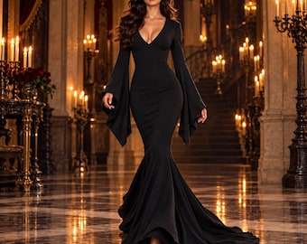 Black Gothic Maxi Dress, Mermaid Evening Gown, Dramatic Bell Sleeve Witchy Dress