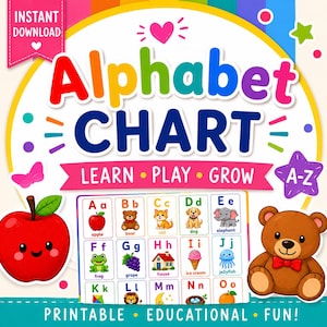 May include: A colorful alphabet chart with the words "Alphabet CHART" and "LEARN • PLAY • GROW". Includes illustrations of an apple, bear, cat, dog, elephant, frog, grape, house, ice cream, and jellyfish. The chart is labeled "PRINTABLE • EDUCATIONAL • FUN!"