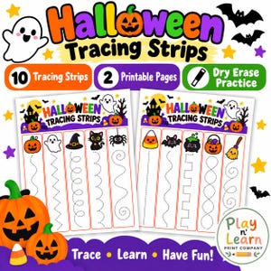 May include: Two printable pages of Halloween Tracing Strips featuring ten individual strips with dotted lines for dry erase practice. Each strip displays a colourful holiday icon like a pumpkin, ghost, cat, or bat above a unique tracing path.