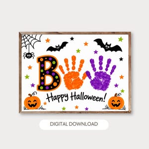 May include: A rectangular Halloween-themed print featuring the letter B in black with colorful polka dots, an orange handprint, and a purple handprint. The text reads Happy Halloween! with illustrations of a spider, web, bats, stars, and two jack-o'-lanterns.