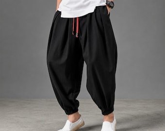 Men’s Casual Cotton Linen Harem Trousers Oversized Loose Fit Comfortable Daily Pants