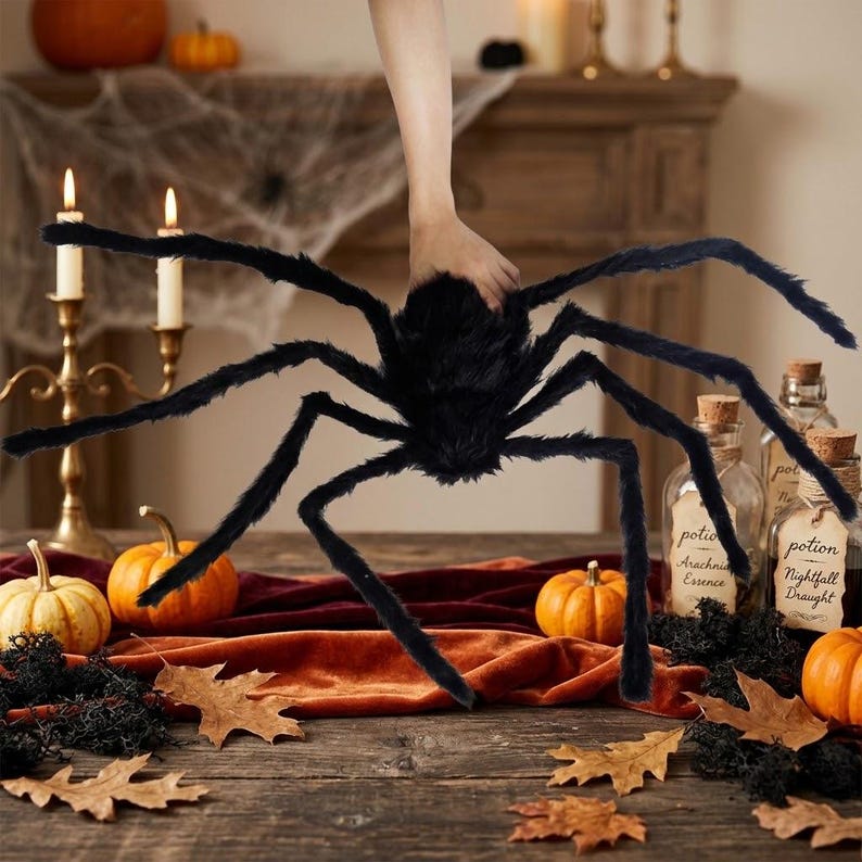 Giant Black Spider Halloween Decoration, Large Hairy Fake Spider Prop