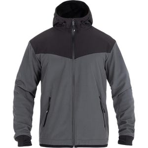 May include: A two-tone hooded jacket featuring a black upper chest and hood section contrasted with a dark gray lower body and sleeves. The jacket includes a full-length front zipper, two zippered side pockets, and black cuffs at the wrists.