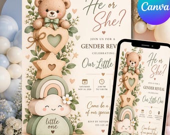 Uitnodiging voor een genderonthulling (jongen of meisje), boho houten babyblokken uitnodiging, neutrale pampasgras Canva-sjabloon