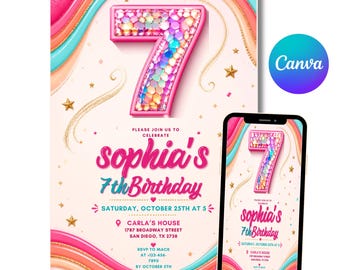 Uitnodiging voor een 7e verjaardag, regenboogvlinder verjaardagskaart voor een meisje, bewerkbare Canva-uitnodiging voor een 7e verjaardagsfeestje voor meisjes, printbare digitale download